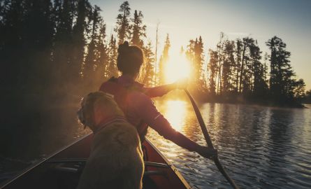person canoeing with dog